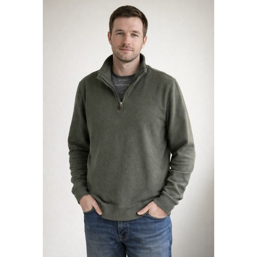 Eddie Bauer Men's M Olive Green 1/4 Zip Sweatshirt‎ Fleece Lined Cotton Gorpcore